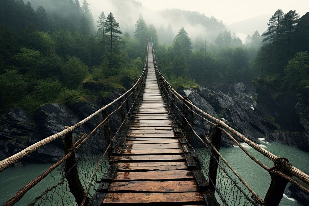 Long wooden bridge on deep valley outdoors nature plant. AI generated Image by rawpixel.