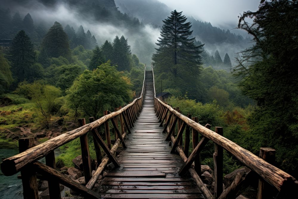 Long wooden bridge on deep valley landscape outdoors nature. AI generated Image by rawpixel.