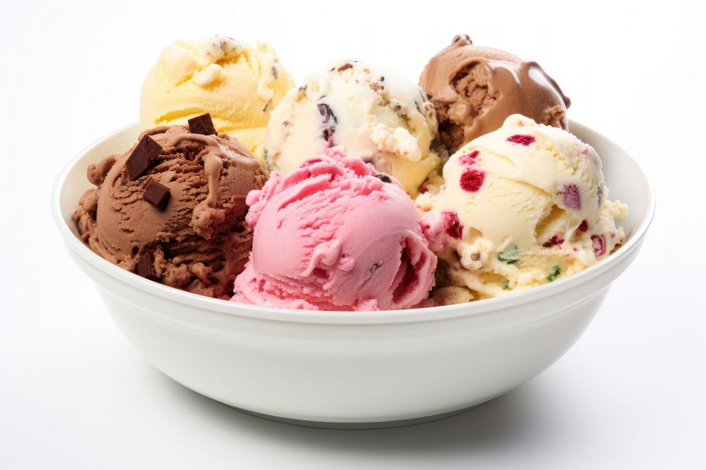 Many ice cream flavour in a bowl dessert food white background. AI generated Image by rawpixel.