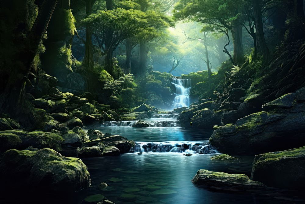 Nature environment vegetation waterfall landscape. AI generated Image by rawpixel.