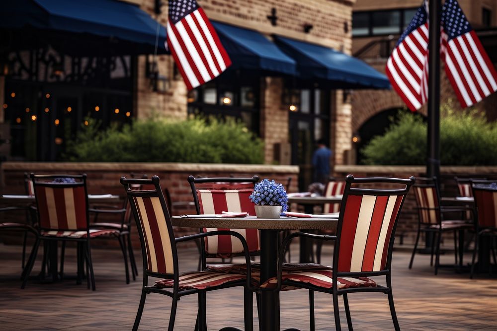 Outdoor seating at a restaurant with usa flag outdoors furniture chair. AI generated Image by rawpixel.