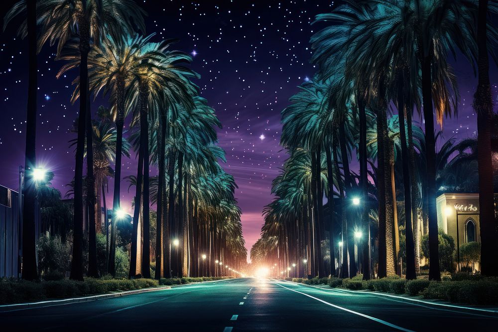 Palm tree lined boulevard architecture outdoors lighting. AI generated Image by rawpixel.