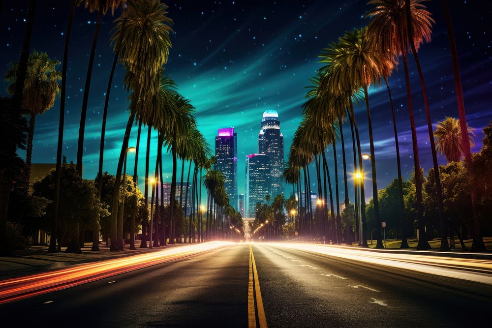 Palm tree lined boulevard architecture metropolis cityscape. AI generated Image by rawpixel.