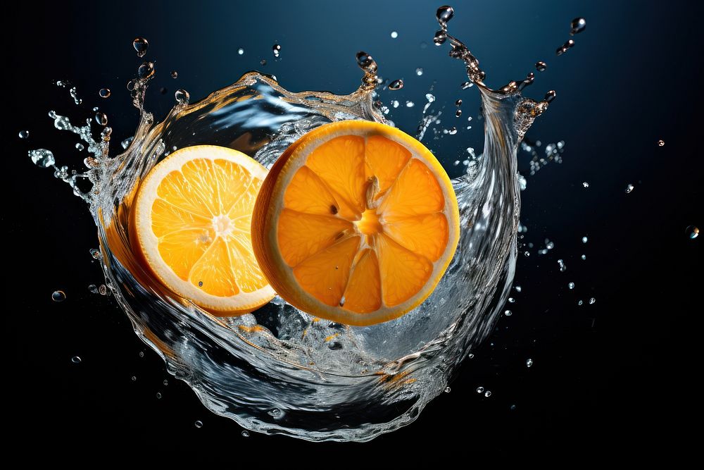 Sliced orange with splash water in the mid air grapefruit lemon plant. AI generated Image by rawpixel.