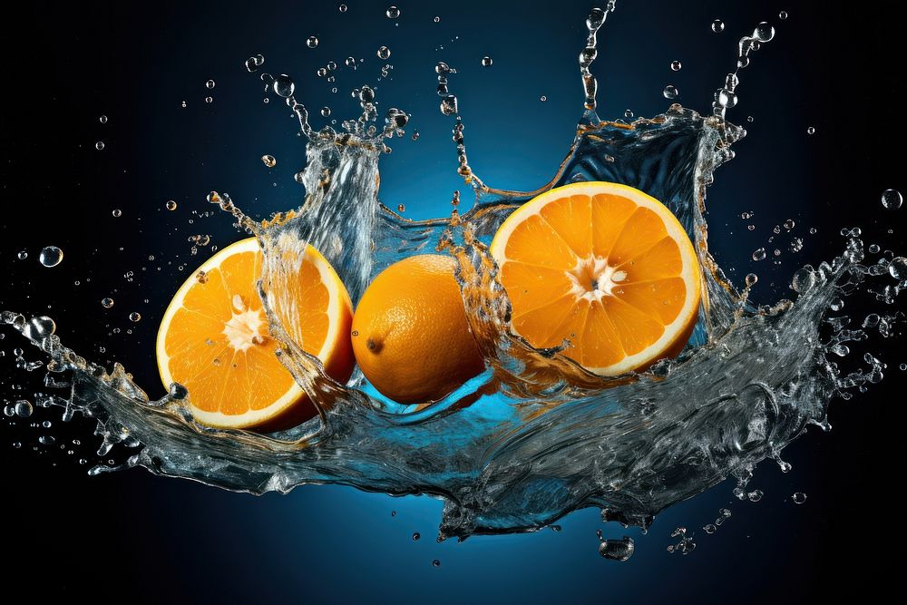 Sliced orange with splash water in the mid air grapefruit plant food. AI generated Image by rawpixel.