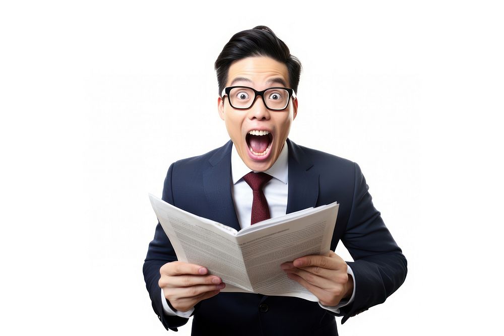 Taiwanese businessman reporter reading the news glasses adult white background. AI generated Image by rawpixel.