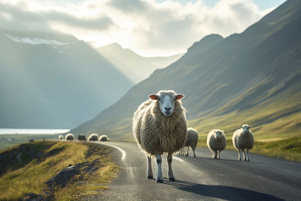 Sheep crossing road landscape livestock mountain. AI generated Image by rawpixel.