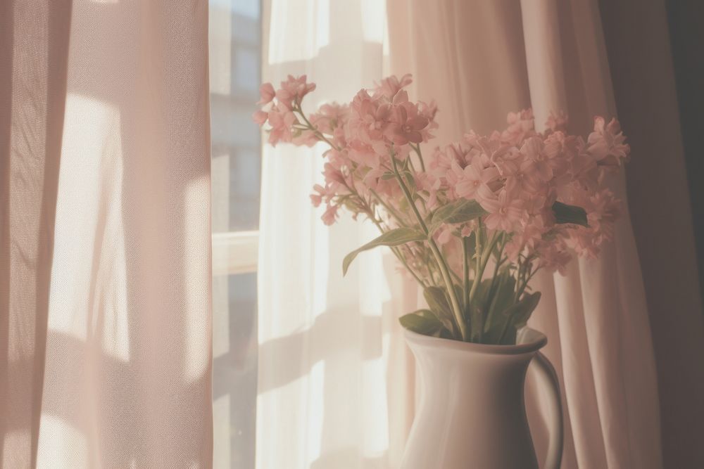 Flower in the vase by the window windowsill curtain plant. AI generated Image by rawpixel.