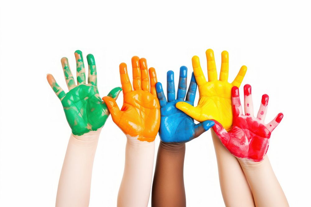 Color painted diversity child hands finger glove white background. AI generated Image by rawpixel.