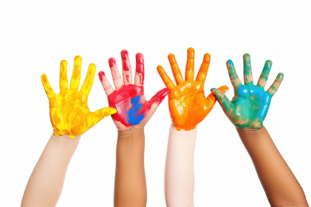 Color painted diversity child hands finger glove white background. AI generated Image by rawpixel.