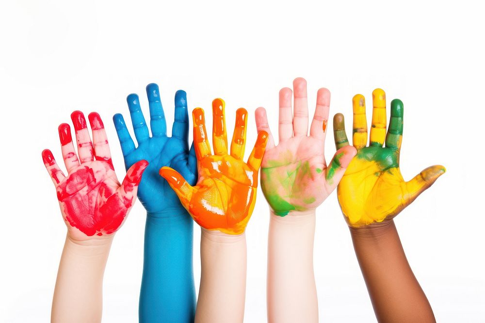 Color painted diversity child hands finger white background creativity. 