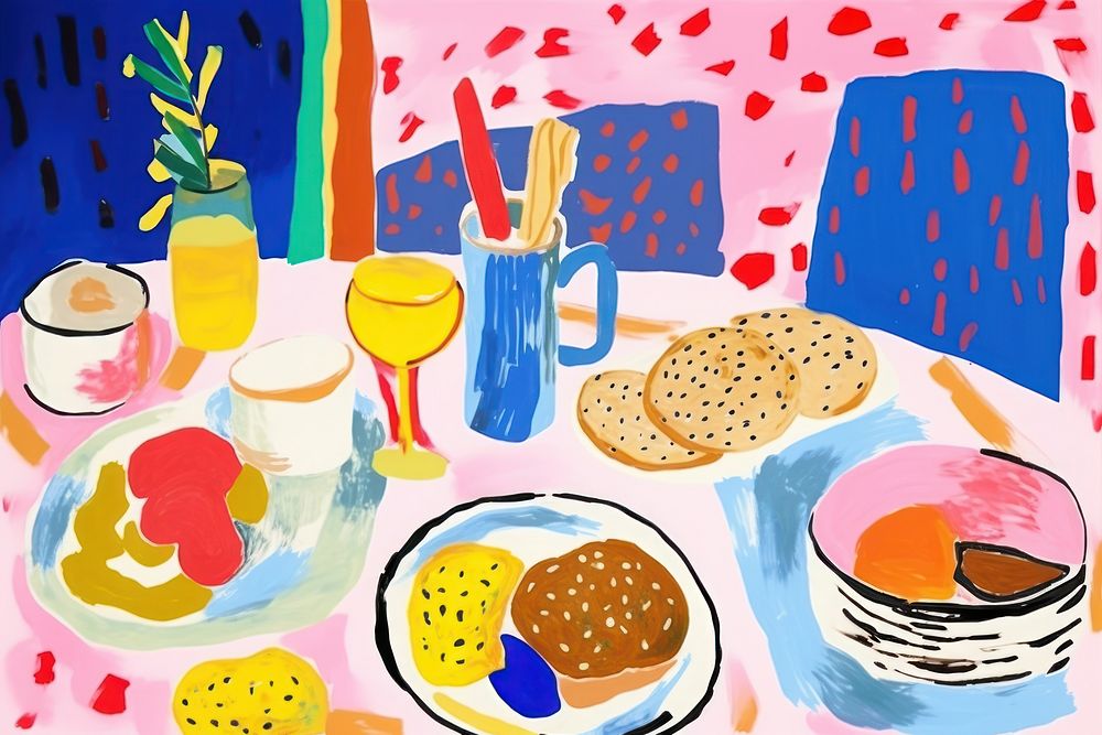 Breakfast on table art drawing plate. AI generated Image by rawpixel.