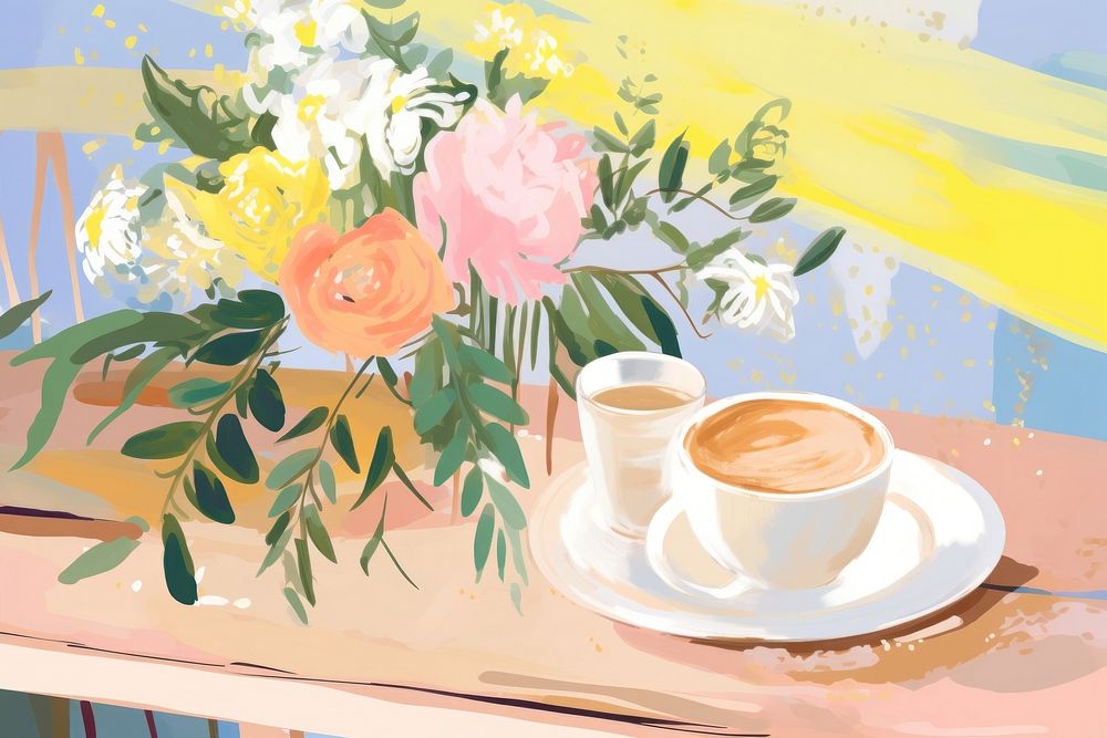 Coffee latte on table flower art painting. AI generated Image by rawpixel.