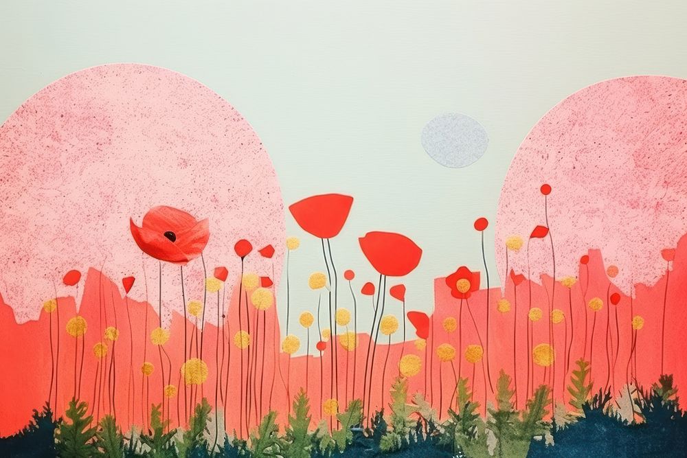 Summer flower field art drawing poppy. AI generated Image by rawpixel.
