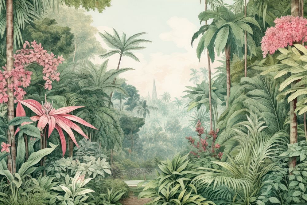 Pastel tropical forest vegetation outdoors painting. 