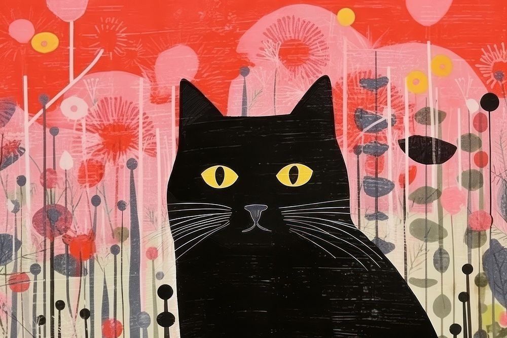 Black cat in the garden art painting drawing. AI generated Image by rawpixel.