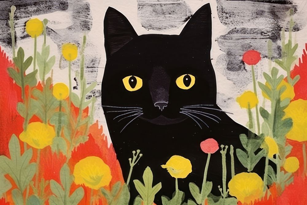 Black cat in the garden art painting animal. AI generated Image by rawpixel.