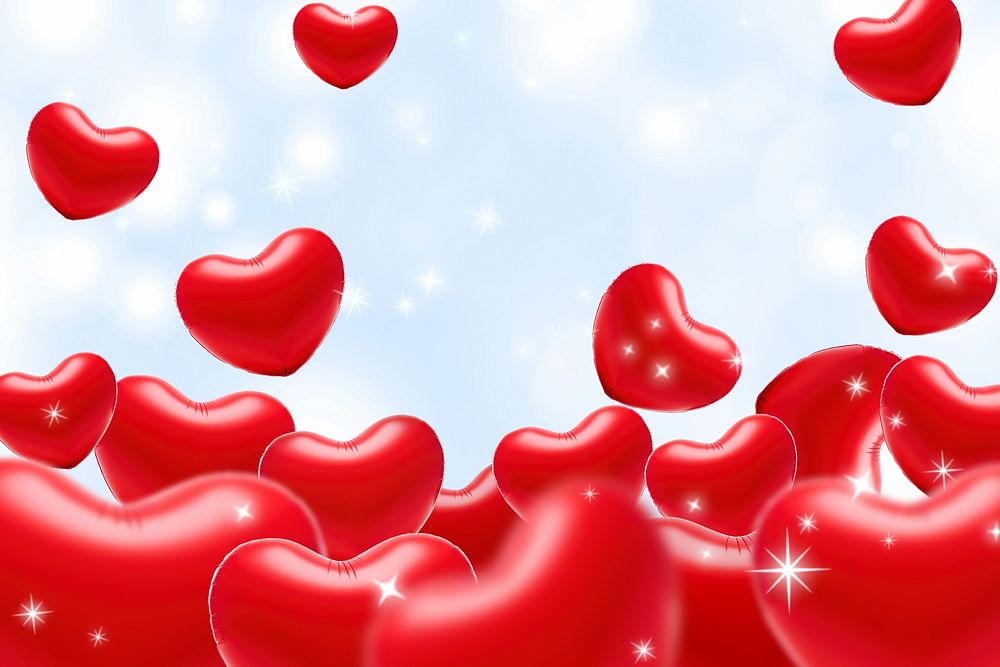 Falling red hearts blue background