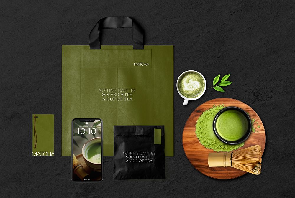 Corporate identity mockup, matcha green tea business flat lay psd