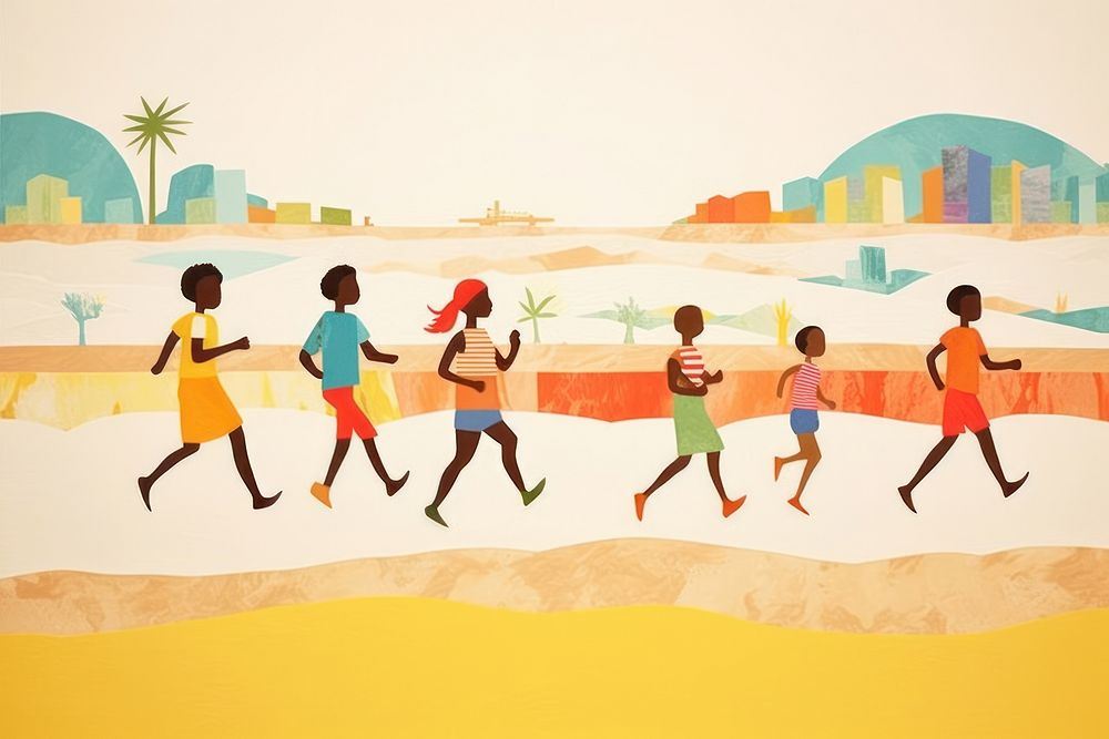 Kids running on a beach walking drawing togetherness. AI generated Image by rawpixel.