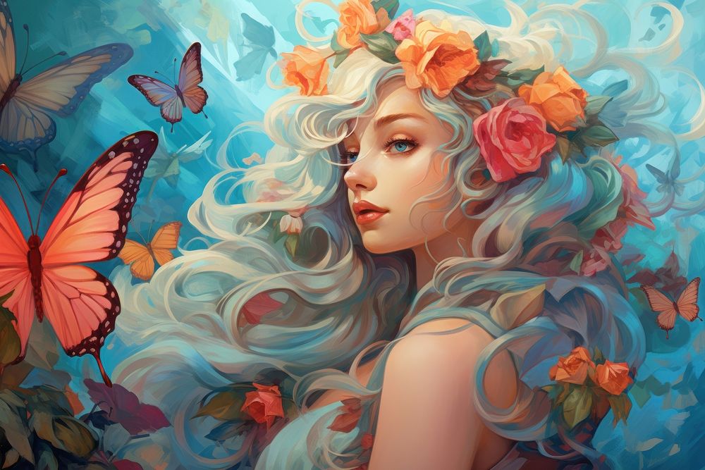 Butterfly painting portrait flower. AI generated Image by rawpixel.
