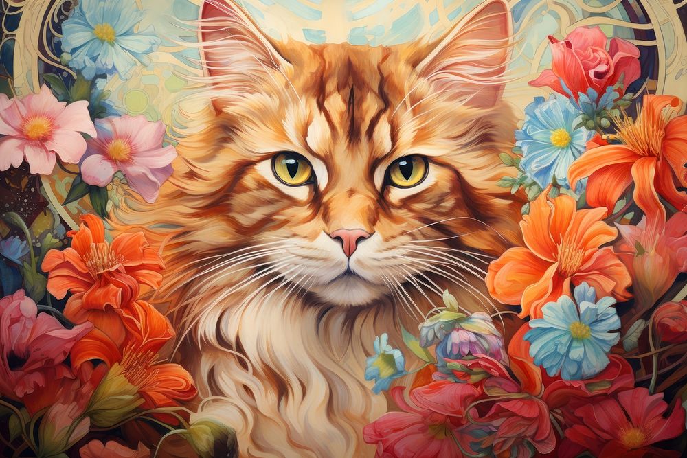 Cat and flowers painting pattern mammal. AI generated Image by rawpixel.
