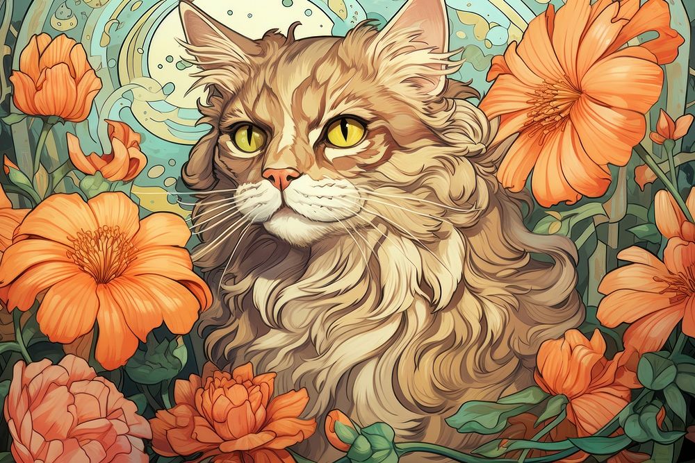 Cat and flowers pattern drawing animal. AI generated Image by rawpixel.
