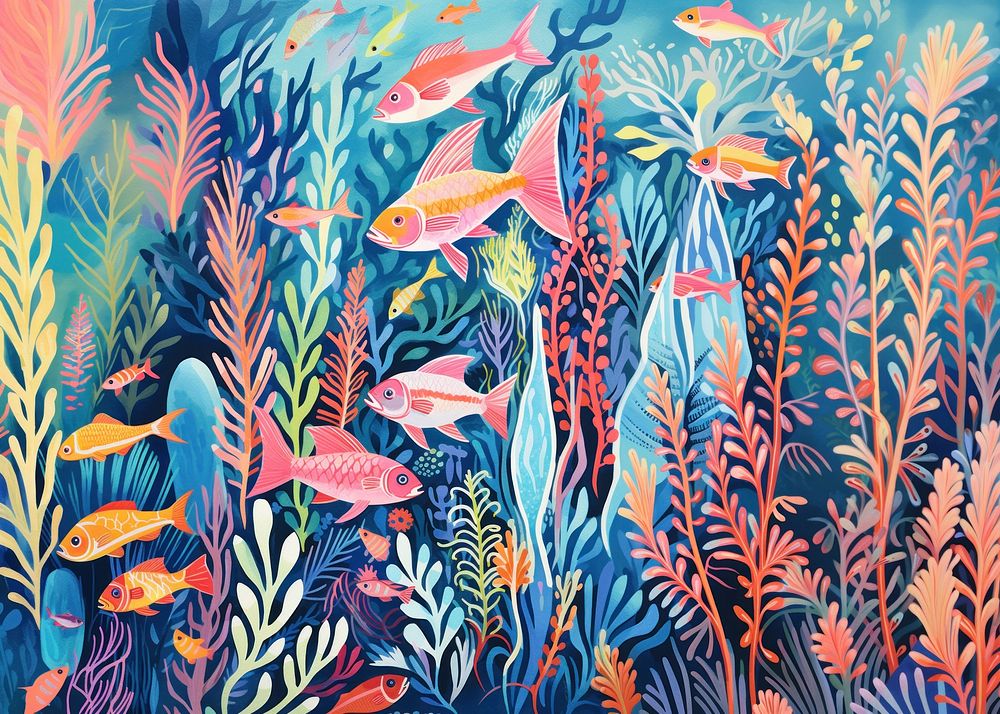 Colorful fishes coral reef tropical nature painting outdoors. 