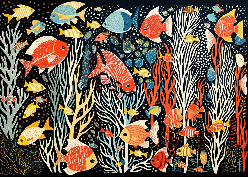 Coral reef fishes tropical colorful nature painting pattern. AI generated Image by rawpixel.