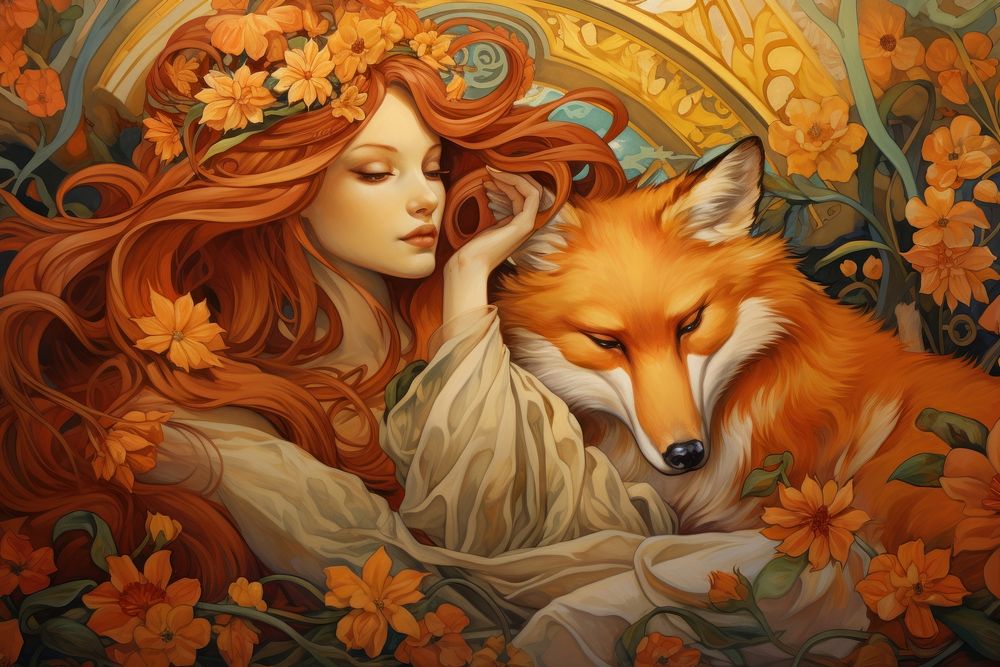 Fox and flowers fox painting mammal. AI generated Image by rawpixel.