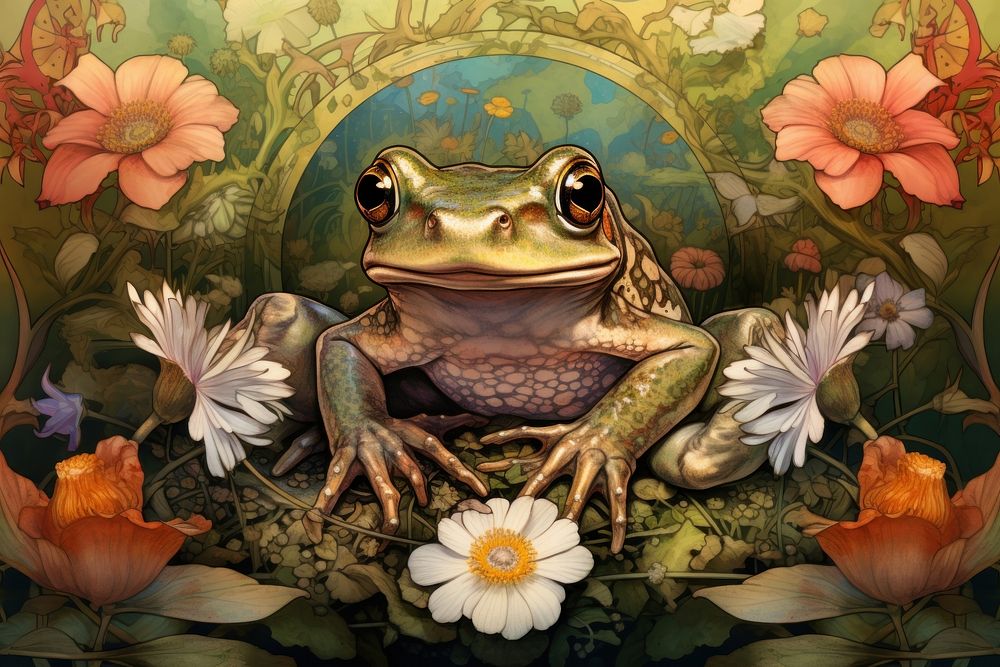 Frog flower amphibian wildlife. AI generated Image by rawpixel.