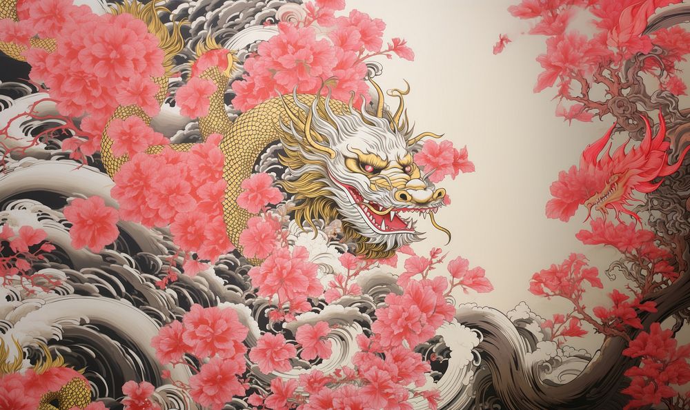 Gold and silver and pink chinese dragon pattern drawing nature. 