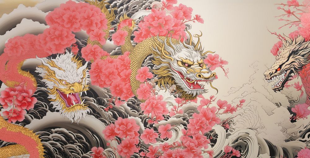 Gold and silver and pink chinese dragon painting pattern drawing. AI generated Image by rawpixel.