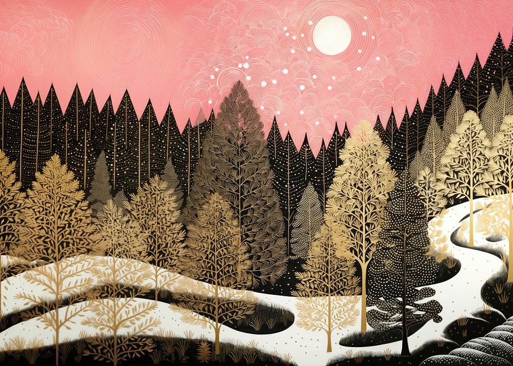 Gold and silver and pink christmas trees nature landscape outdoors. AI generated Image by rawpixel.