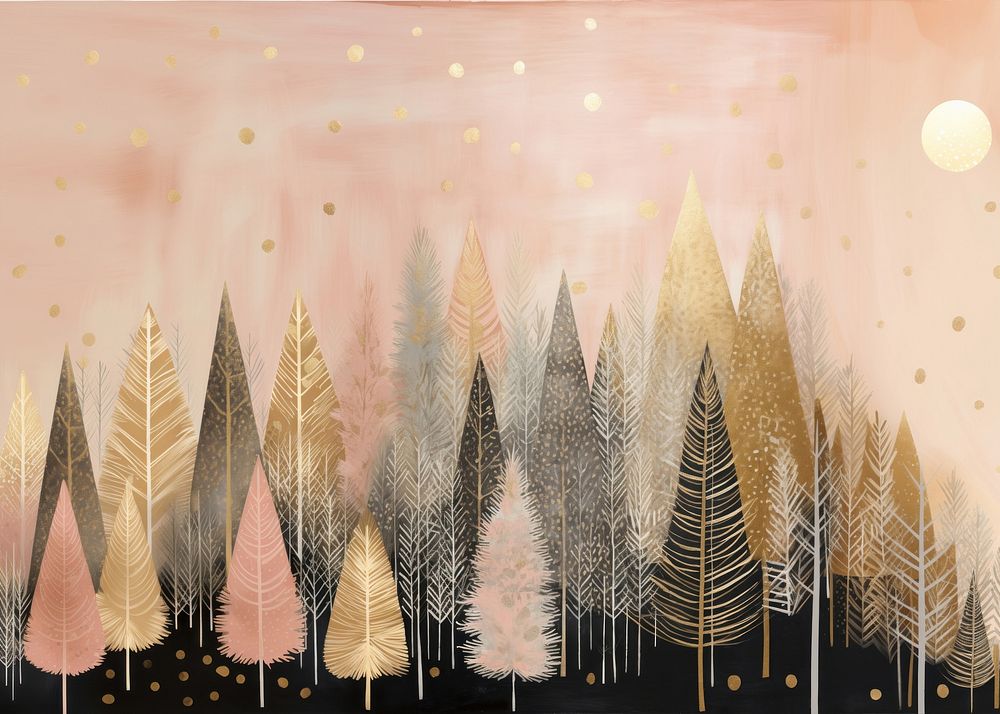 Gold and silver and pink christmas trees painting outdoors nature. AI generated Image by rawpixel.