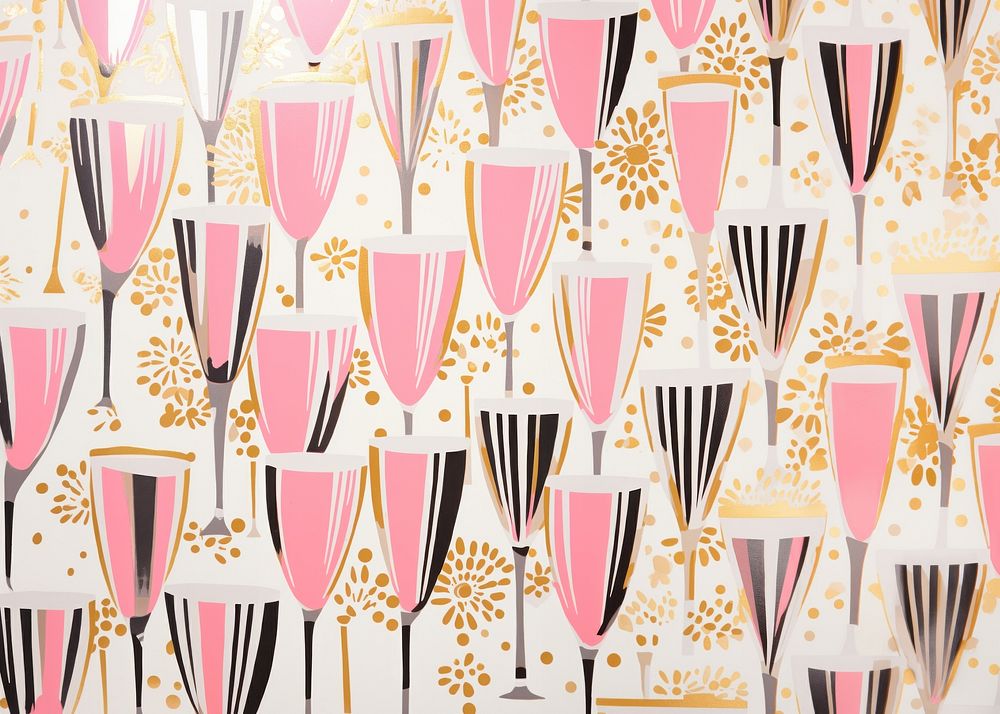 Gold and silver and pink many champagne glasses pattern line art. AI generated Image by rawpixel.