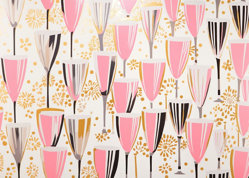 Gold and silver and pink many champagne glasses pattern line art. AI generated Image by rawpixel.