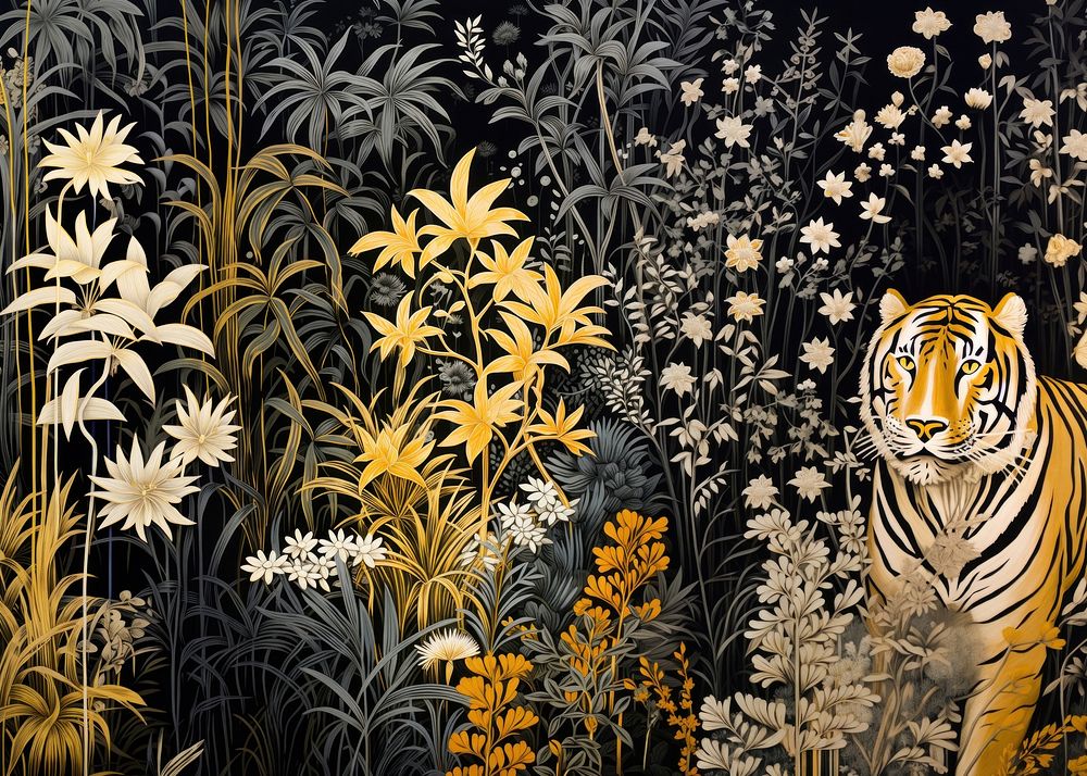 Gold and silver jungle pattern nature tiger. AI generated Image by rawpixel.