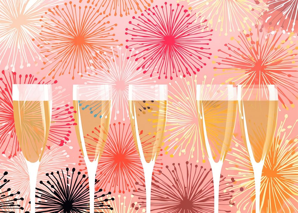 Gold silver pink champagne glasses fireworks pattern backgrounds refreshment celebration. AI generated Image by rawpixel.