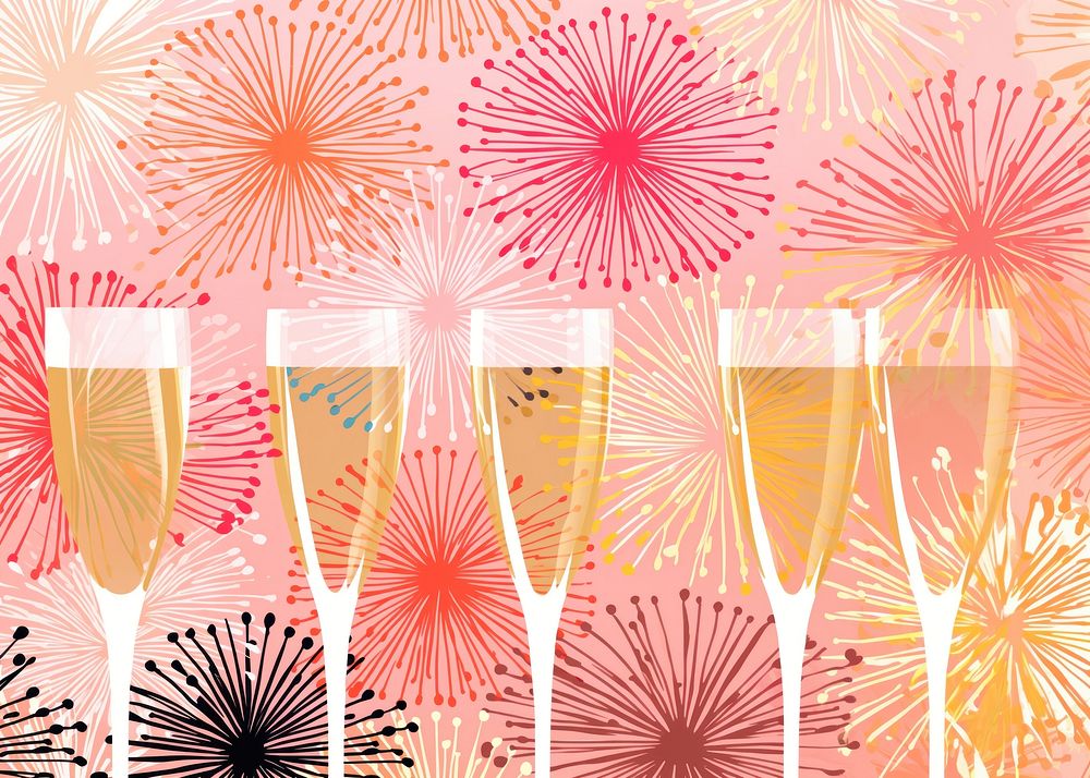 Gold silver pink champagne glasses fireworks pattern plant line backgrounds. AI generated Image by rawpixel.