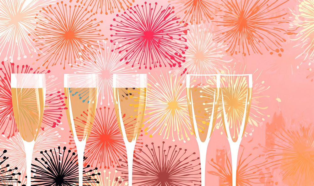 Gold silver pink champagne glasses fireworks pattern happiness refreshment celebration. AI generated Image by rawpixel.
