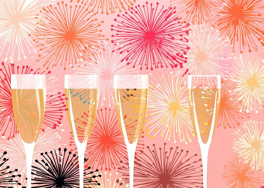 Gold silver pink champagne glasses fireworks pattern happiness refreshment celebration. AI generated Image by rawpixel.
