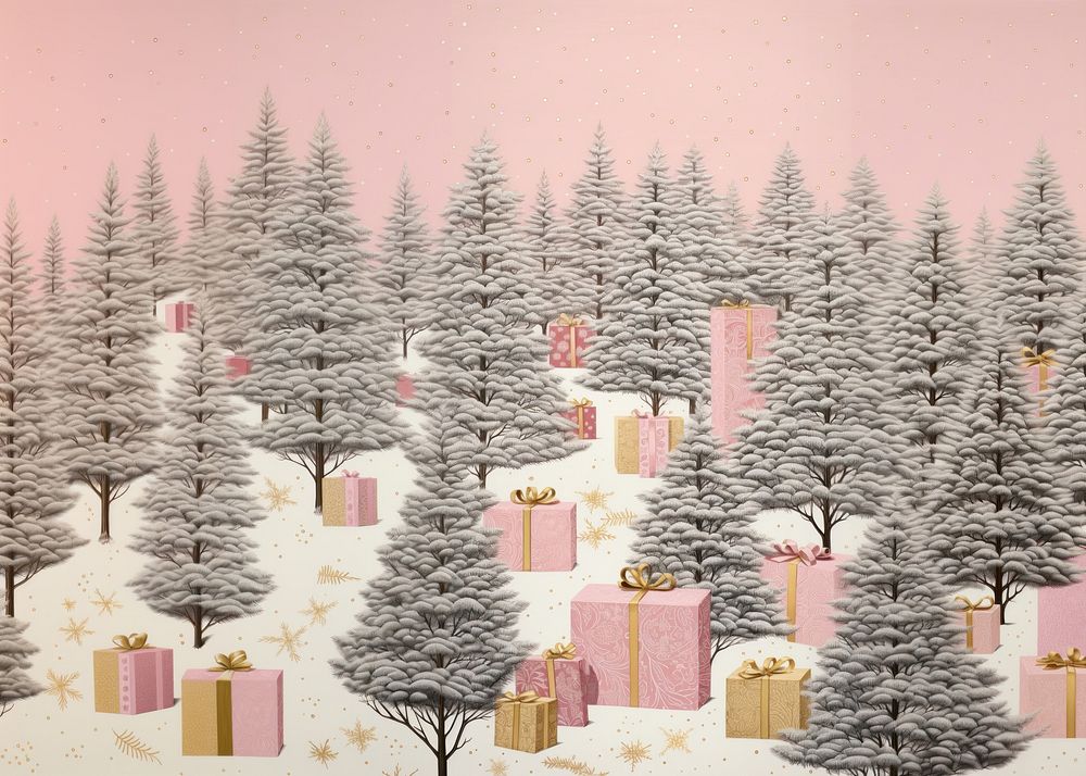 Gold silver pink christmas presents nature outdoors drawing. AI generated Image by rawpixel.