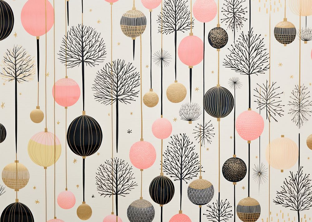 Gold silver pink cristmas baubles pattern wall art. AI generated Image by rawpixel.