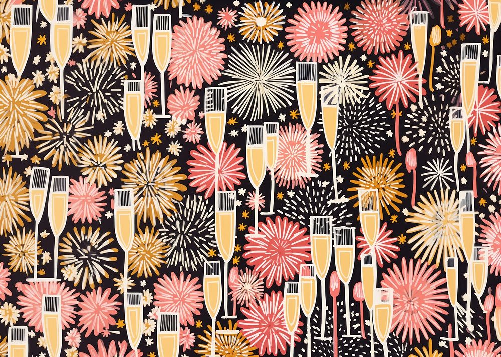 Gold silver pink hands many champagne glasses fireworks pattern art backgrounds accessories. AI generated Image by rawpixel.