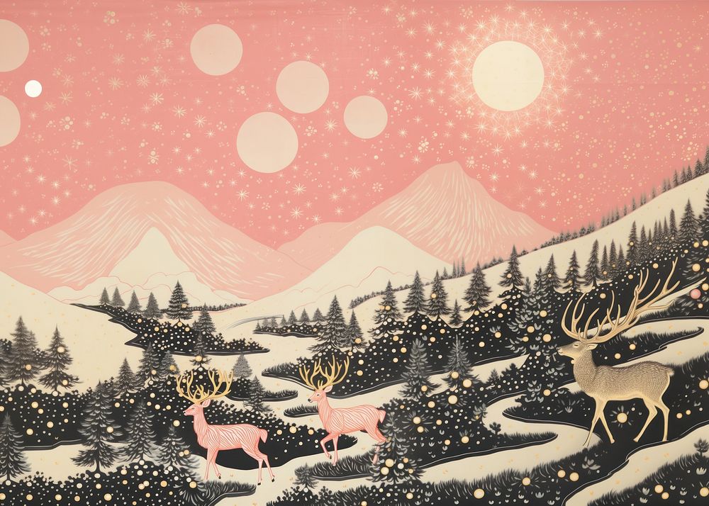 Gold silver pink santas reindeer flying nature outdoors mammal. AI generated Image by rawpixel.