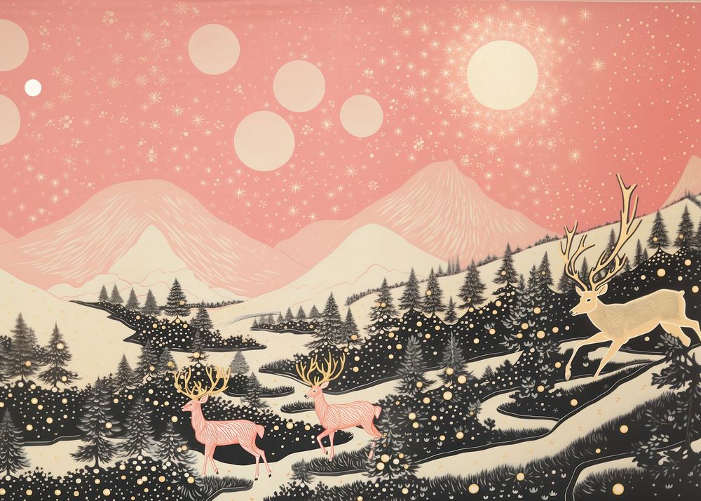 Gold silver pink santas reindeer flying nature painting drawing. AI generated Image by rawpixel.