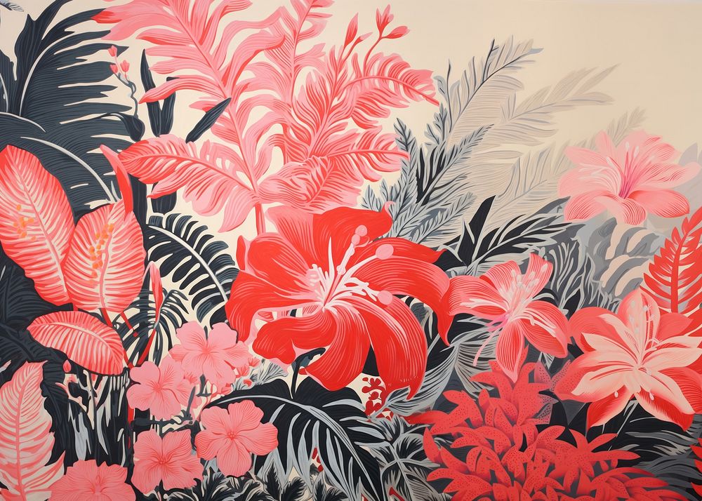 Gold silver pink tropical plants painting pattern drawing. AI generated Image by rawpixel.