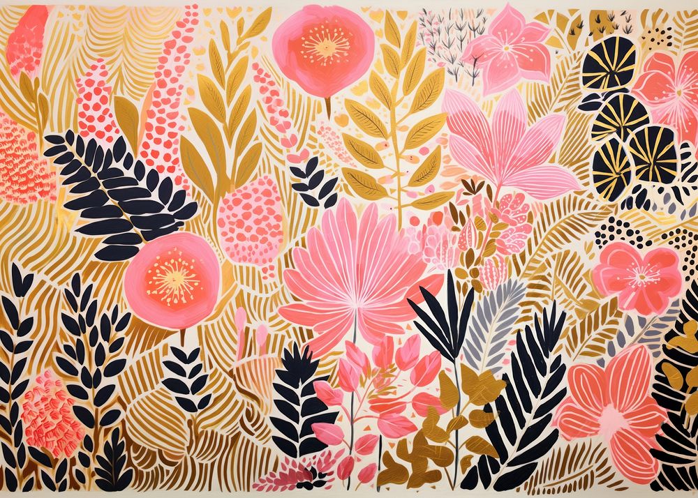 Gold silver pink tropical plants pattern drawing nature. AI generated Image by rawpixel.
