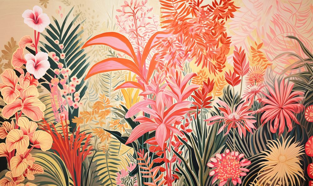 Gold silver pink tropical plants painting pattern drawing. 